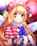  1girl american_flag american_flag_dress blonde_hair blurry blurry_background closed_mouth clownpiece crescent crescent_earrings crescent_moon crying crying_with_eyes_open dots earrings eyebrows eyebrows_visible_through_hair fairy_wings glowing hat headwear highres jester_cap jewelry long_hair moon mozuno_(mozya_7) open_eyes red_eyes sad shirt short_sleeves sitting skirt solo tears touhou wings 