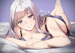  1girl ak-12_(girls_frontline) bangs bed_sheet bra breasts character_name cleavage eyebrows_visible_through_hair fingernails girls_frontline long_hair lying on_stomach open_eyes panties pillow purple_background purple_bra purple_eyes purple_panties rin_(028ilc) side-tie_panties silver_hair simple_background smile solo star underwear 