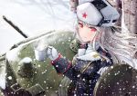  akasaka_asa ash_arms blush breasts commentary_request cup fur_hat gloves ground_vehicle hair_between_eyes hat hatch kv-1_(ash_arms) long_hair looking_at_viewer military military_uniform military_vehicle motor_vehicle red_eyes silver_hair snow snowing tank uniform ushanka white_gloves 