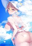  1girl artoria_pendragon_(all) artoria_pendragon_(swimsuit_ruler)_(fate) ass bangs beach blonde_hair breasts cloud fate/grand_order fate_(series) green_eyes hat highres kanola_u large_breasts looking_at_viewer looking_back parted_lips short_hair sky smile solo sun_hat swimsuit white_swimsuit 