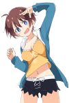  1girl :d black_shorts blue_eyes blue_jacket blush breasts brown_hair cleavage collarbone ixy jacket looking_at_viewer medium_breasts midriff navel new_game! open_clothes open_jacket open_mouth shinoda_hajime shorts simple_background smile solo white_background 