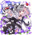  1girl :d absol arms_up bangs black_dress black_nails black_ribbon blue_eyes blush breasts brooch chandelure cleavage commentary_request crossover detached_collar dress drill_hair fingernails fire flower gem gen_3_pokemon gen_5_pokemon gothorita hair_ribbon highres holding holding_poke_ball idolmaster idolmaster_cinderella_girls jewelry kanzaki_ranko long_fingernails long_sleeves nail_polish open_mouth petals poke_ball poke_ball_(generic) pokemon pokemon_(creature) purple_fire purple_flower purple_rose red_eyes ribbon rose ruby_(gemstone) siblings small_breasts smile tdnd-96 twins twintails wrist_cuffs 