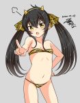  1girl animal_print ass_visible_through_thighs bangs bare_arms bare_shoulders bikini black_hair collarbone commentary_request dated eyebrows_visible_through_hair fake_horns flo grey_background groin hair_between_eyes hair_ribbon hairband hand_on_hip highres idolmaster idolmaster_cinderella_girls long_hair matoba_risa navel outstretched_arm pointing pointing_at_viewer print_bikini print_ribbon ribbon sidelocks signature simple_background solo strapless strapless_bikini swimsuit tiger_print twintails very_long_hair yellow_eyes yellow_hairband 