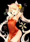  1girl absurdres animal_ear_fluff animal_ears armpits arms_up black_background black_gloves black_legwear blonde_hair breasts cat_ears china_dress chinese_clothes covered_navel cowboy_shot dress elbow_gloves floral_background flower gloves hair_flower hair_ornament highres hon_(neo2462) long_hair looking_at_viewer open_mouth red_dress red_eyes red_flower red_rose rose simple_background small_breasts solo sweat thighhighs twintails very_long_hair white_flower white_rose yellow_flower yellow_rose 
