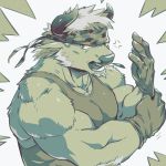  1:1 accessory anthro biceps bovid bovine camo camo_print cattle clothed clothing cross-popping_vein fur gloves handwear headband horn male mammal muscular muscular_male open_mouth shennong shirt solo sunspotfish tank_top teeth tokyo_afterschool_summoners topwear vein video_games 