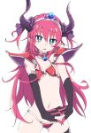  1girl armor bangs bikini_armor black_gloves blue_eyes blush breasts curled_horns elbow_gloves elizabeth_bathory_(brave)_(fate) elizabeth_bathory_(fate)_(all) fate/grand_order fate_(series) gloves horns ixy long_hair medium_breasts navel open_mouth pointy_ears purple_horns red_hair silver_trim simple_background solo white_background 