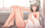  1girl absurdres animal_ears arknights bare_shoulders barefoot black_panties blanket breasts cat_ears covering covering_breasts curtains highres long_hair looking_at_viewer medium_breasts navel panties parted_lips ponytail reclining rko_(a470350510) schwarz_(arknights) silver_hair smile solo stomach thighs topless underwear very_long_hair window yellow_eyes 