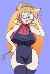  1girl absurdres adjusting_eyewear apron bare_shoulders black_legwear blue_eyes blush breasts brown_hair covered_nipples feet_out_of_frame glasses hair_ornament hairband hand_on_hip highres huge_breasts little_witch_academia lotte_jansson mergeritter open_mouth red_sweater shiny shiny_hair short_hair solo standing sweat sweatdrop sweater teeth thighhighs tongue upper_teeth 