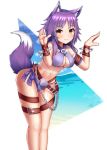  1girl absurdres aki_makoto animal_ear_fluff animal_ears arm_strap bikini blush breasts cleavage commentary commentary_request embarrassed highres jiyasumocomoco large_breasts leg_belt long_hair looking_at_viewer midriff navel princess_connect! princess_connect!_re:dive purple_bikini purple_hair see-through solo swimsuit tail wolf_ears wolf_girl wolf_tail yellow_eyes 