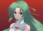  1girl bangs blue_eyes eyebrows_visible_through_hair floating_hair gradient gradient_background green_hair hair_between_eyes hair_intakes hair_ribbon higurashi_no_naku_koro_ni long_hair looking_at_viewer open_mouth portrait red_background ribbed_sweater ribbon shiny shiny_hair solo sonozaki_shion sweater turtleneck turtleneck_sweater very_long_hair vest white_vest yamai_fake yellow_ribbon 