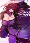  1girl arm_over_head bangs breasts cleavage commentary contrapposto covered_navel detached_collar dress fate/grand_order fate_(series) glowing glowing_eyes headpiece holding holding_wand large_breasts long_hair long_sleeves looking_to_the_side marchab_66 purple_dress purple_hair red_eyes scathach_(fate)_(all) scathach_skadi_(fate/grand_order) sidelocks signature solo standing wand wide_sleeves 