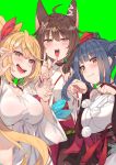  3girls :3 absurdres ahoge animal_ears bangs black_choker black_hair blonde_hair blue_shorts blunt_bangs blush breasts bridal_gauntlets butterfly_hair_ornament cherry_blossom_print choker claw_pose cleavage cowboy_shot double_fox_shadow_puppet eyebrows_visible_through_hair floral_print fox_ears fox_shadow_puppet front-tie_top fumi_(nijisanji) hair_between_eyes hair_ornament hair_ribbon hair_rings hairclip half-closed_eyes hat heterochromia highleg highleg_panties highres hoshikawa_sara japanese_clothes kimono lace-trimmed_sleeves large_breasts long_hair long_sleeves looking_at_viewer midriff multiple_girls navel nijisanji obi obijime open_mouth panties paw_pose pom_pom_(clothes) red_choker red_eyes ribbon sash shirt shorts side_ponytail sidelocks sleeveless sleeveless_kimono sleeveless_shirt smile star starry_background tied_shirt tokin_hat tonari_no_kai_keruberosu underwear virtual_youtuber white_kimono white_shirt yamagami_karuta yellow_eyes 