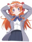  1girl black_skirt blue_neckwear blush bow bowtie closed_mouth eyebrows_visible_through_hair gekkan_shoujo_nozaki-kun grey_jacket hair_bow ixy jacket long_hair long_sleeves open_clothes open_jacket orange_hair polka_dot polka_dot_bow purple_eyes rouman_academy_uniform sakura_chiyo school_uniform shirt simple_background skirt smile solo white_background white_shirt 