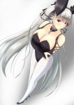  1girl absurdly_long_hair alternate_costume animal_ears azur_lane bangs bare_shoulders between_breasts black_nails blunt_bangs breasts bunny_ears bunny_girl bunnysuit choker cleavage collarbone detached_sleeves eyebrows_visible_through_hair fake_animal_ears formidable_(azur_lane) grey_hair hair_ornament high_heels highres large_breasts leotard long_hair looking_at_viewer nail_polish pantyhose red_eyes simple_background solo tako-san_wiener_(takosanuma) very_long_hair white_legwear 