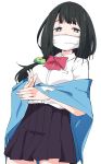  1girl absurdres black_hair black_skirt blanket bow bowtie hair_ornament hair_scrunchie hands_together hassu highres ixy long_hair looking_at_viewer low-tied_long_hair pleated_skirt purple_eyes school_uniform scrunchie short_sleeves skirt solo ssss.gridman surgical_mask white_background 