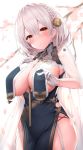  1girl :/ azur_lane bangs blurry blurry_background blush braid breast_curtains breasts cherry_blossoms china_dress chinese_clothes cleavage commentary_request covered_navel cowboy_shot dress eyebrows_visible_through_hair falling_petals flower french_braid garter_straps gloves grey_dress hair_flower hair_intakes hair_ornament half_gloves hand_on_own_chest head_tilt highres large_breasts looking_at_viewer neckwear_between_breasts pelvic_curtain red_eyes revealing_clothes see-through_sleeves sheer_clothes short_hair side_slit sideboob sidelocks sirius_(azur_lane) sirius_(azure_horizons)_(azur_lane) solo standing tree_branch two-tone_leotard white_background white_gloves white_hair yuwari_ume 