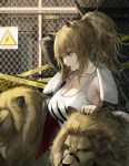  1girl animal animal_ears arknights arm_up armpits black_jacket black_nails breasts brown_eyes brown_hair candy caution_tape chain-link_fence cleavage collarbone fence food fur_trim highres jacket kim_eb large_breasts lightning_bolt lion lion_ears lollipop long_hair looking_away mouth_hold nail_polish open_clothes open_jacket ponytail shirt siege_(arknights) sign sleeveless sleeveless_shirt solo warning_sign white_shirt 