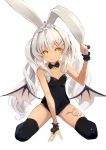  1girl animal_ears bangs bare_arms bare_shoulders black_legwear black_leotard black_neckwear black_wings bow bowtie breasts bunny_ears closed_mouth dark_skin demon_wings detached_collar full_body hand_up highres hon_(neo2462) kneeling leotard long_hair looking_at_viewer sidelocks silver_hair simple_background small_breasts solo soul_worker tattoo thighhighs tiara white_background wings wrist_cuffs yellow_eyes 
