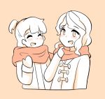  2girls alternate_costume blush cailin_(poptrt) couple diana_cavendish gloves happy jacket kagari_atsuko little_witch_academia long_hair looking_at_another mittens monochrome multiple_girls open_mouth scarf simple_background smile wavy_hair yuri 