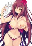  1girl akishima_kei ass_visible_through_thighs bikini blush bracelet breasts breasts_outside brown_eyes cellphone eyebrows_visible_through_hair fate/grand_order fate_(series) fingernails flower hair_flower hair_intakes hair_ornament hibiscus jewelry large_breasts long_hair nail_polish navel nipples panties phone purple_bikini purple_hair purple_panties red_eyes red_nails scathach_(fate)_(all) scathach_(swimsuit_assassin)_(fate) self_fondle self_shot side-tie_panties simple_background skindentation smartphone solo swimsuit thigh_gap underwear very_long_hair white_background 