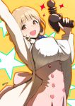  1girl :d artist_name bangs blonde_hair blush bob_cut breasts brown_eyes cardigan covered_nipples cowboy_shot eyebrows_visible_through_hair finger_on_trigger gun high-waist_skirt highres holding holding_gun holding_weapon large_breasts looking_at_viewer nanahime narusawa_ryouka occultic;nine open_cardigan open_clothes open_mouth pink_skirt short_hair signature skirt smile solo star starry_background tareme underbust weapon 