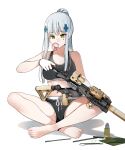  1girl absurdres alternate_hairstyle bangs bare_shoulders barefoot black_shorts blunt_bangs breasts bubble_blowing chewing_gum cleavage closed_mouth collarbone eyebrows_visible_through_hair facial_mark girls_frontline gloves green_eyes gun hair_ornament hand_up high_ponytail highres hk416_(girls_frontline) holding holding_gun holding_weapon indian_style leewh1515 light_frown long_hair medium_breasts shadow shiny shiny_hair short_shorts shorts silver_hair simple_background sitting solo sports_bra spread_legs teardrop thighs weapon white_background white_gloves 