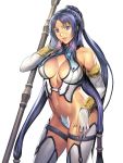  1girl armor bangs bikini_armor blue_eyes braid breasts cleavage cleavage_cutout earrings elbow_gloves fantasy fingerless_gloves gloves graphite_(medium) hand_in_hair homare_(fool&#039;s_art) jewelry large_breasts long_hair looking_at_viewer navel original parted_bangs parted_lips polearm purple_hair simple_background sleeveless solo spear strapless thigh_strap thighhighs traditional_media very_long_hair weapon white_armor white_background white_gloves 