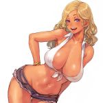  1girl :d areola_slip areolae bare_shoulders blonde_hair breasts collared_shirt commentary_request crop_top denim denim_shorts hand_on_hip large_breasts long_hair navel open_clothes open_mouth open_shirt original purple_eyes shirt short_shorts shorts shu-mai smile tan thighs 