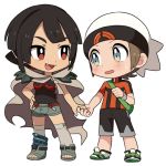  1boy 1girl bag bangs black_hair blush breasts brown_hair cape fang full_body grey_eyes hat higana_(pokemon) holding_hands lowres pokemon pokemon_(game) pokemon_oras red_eyes remotarou short_shorts shorts sidelocks simple_background small_breasts standing white_background white_headwear yuuki_(pokemon) 