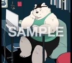  2020 anthro bottomwear clothing cute_fangs detailed_background grandoroff kemono male mammal overweight overweight_male phone shirt shorts sitting solo topwear uokkom ursid whtie_fur 