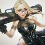  1girl arm_garter backlighting black-framed_eyewear black_dress black_gloves blonde_hair blue_eyes breasts commentary dcwj dress english_commentary forehead furrowed_eyebrows glasses gloves hair_over_shoulder halter_dress highres holding holding_weapon huge_weapon large_breasts lips long_dress looking_at_viewer mighty_miho rocket_launcher round_eyewear side_slit solo tokyo_rogue weapon 