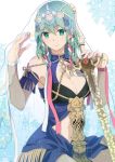  1girl armpit_peek blue_dress braid breasts byleth_(fire_emblem) byleth_(fire_emblem)_(female) cleavage commentary_request cosplay cowboy_shot dress eyebrows_visible_through_hair fire_emblem fire_emblem:_three_houses flower green_eyes green_hair hair_between_eyes hair_ribbon highres ijiro_suika large_breasts looking_at_viewer medium_hair midriff navel plant ribbon see-through side_braids sitting solo sothis_(fire_emblem) sothis_(fire_emblem)_(cosplay) sparkle sword_of_the_creator thighs tiara twin_braids veil wrist_ribbon 