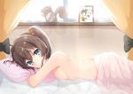  1girl absurdres ahoge aqua_eyes backlighting bangs bed_sheet breasts brown_hair clock closed_mouth commentary_request curtains eyebrows_visible_through_hair hair_ornament hair_scrunchie highres hololive looking_at_viewer lying naked_sheet natsuiro_matsuri on_bed on_stomach one_side_up photo_(object) picture_frame pillow scrunchie shirakami_fubuki sidelocks small_breasts smile solo starkamisan topless virtual_youtuber window 