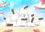  blue_sky blurry_foreground branch eating ehoumaki emphasis_lines facing_back facing_to_the_side facing_viewer food food_in_mouth highres holding holding_food karameru karameru_(character) makizushi original petals setsubun sky standing sushi whiskers white_fur wide_shot 