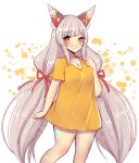  1girl animal_ears bare_legs breasts grin highres kamaniki long_hair looking_at_viewer medium_breasts niyah niyah_(blade) oversized_clothes shirt signature silver_hair smile solo t-shirt twintails twintails_day twitter_username very_long_hair xenoblade_(series) xenoblade_2 yellow_eyes yellow_shirt 