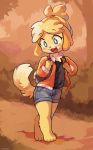  2019 4_fingers 4_toes :3 animal_crossing anthro barefoot biped blonde_hair blue_eyes blush bottomwear canid canine canis clothing digital_media_(artwork) dipstick_tail domestic_dog feet female fingers floppy_ears fur hair hi_res isabelle_(animal_crossing) jacket mammal miri multicolored_tail nintendo open_mouth open_smile shih_tzu shirt shorts smile solo toes topwear toy_dog video_games 