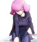  1girl abiko_yuuji breasts commentary_request dress gundam haman_karn looking_at_viewer pantyhose pink_hair purple_eyes short_hair smile solo zeta_gundam 