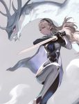  1girl armor armored_boots blue_cape boots cape closed_mouth commentary corrin_(fire_emblem) corrin_(fire_emblem)_(dragon) corrin_(fire_emblem)_(female) creature dragon english_commentary fire_emblem fire_emblem_fates floating_hair hair_between_eyes hair_ornament hairband highres holding holding_sword holding_weapon lips long_hair manakete pointy_ears red_eyes silver_hair simple_background solo sword viorie wavy_hair weapon yato_(fire_emblem) 