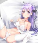  1girl azur_lane bangs bed black_ribbon blush breasts collarbone criss-cross_halter dress hair_ribbon halterneck highres lifted_by_self long_hair looking_at_viewer medium_breasts okamired panties purple_eyes purple_hair ribbon side_bun solo spread_legs thighhighs thighs underwear unicorn_(azur_lane) white_dress white_legwear white_panties 