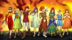  4boys 4girls absurdres aerodynamict arcia_(granstream_saga) ark_(tenchi_souzou) blazer_(soul_blazer) elle_(tenchi_souzou) eon_(granstream_saga) explosion fire gladiator_shoes granstream_saga highres illusion_of_gaia lisa_(soul_blazer) looking_at_viewer multiple_boys multiple_girls princess_kara_(illusion_of_gaia) sandals soul_blazer tenchi_souzou will_(illusion_of_gaia) 