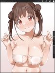  1girl bangs bare_shoulders blush breasts brown_eyes brown_hair cleavage closed_mouth collarbone double_bun eyepatch_bikini hands_up idolmaster idolmaster_shiny_colors large_breasts long_hair looking_at_viewer misekai_555 navel short_twintails simple_background solo sonoda_chiyoko twintails white_background white_bikini_top 