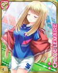  1girl arm_up blonde_hair blue_shirt breasts character_name chloe_lemaire closed_eyes girlfriend_(kari) jacket jacket_pull long_hair official_art open_clothes open_jacket outdoors pulled_by_self qp:flapper red_jacket shirt shorts smile soccer soccer_field soccer_uniform solo_focus sportswear track_jacket white_shorts 