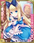  1girl alice_(wonderland) alice_(wonderland)_(cosplay) alice_in_wonderland apron between_legs blonde_hair blue_dress blue_eyes bow breasts character_name checkered checkered_floor chloe_lemaire cosplay door dress girlfriend_(kari) hair_bow hand_between_legs hand_to_own_mouth long_hair official_art open_mouth qp:flapper ribbon sitting solo striped striped_legwear table thighhighs waist_apron white_apron wrist_cuffs 
