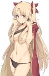 1girl bangs black_panties blonde_hair blush breasts cape collarbone ereshkigal_(fate/grand_order) fate/grand_order fate_(series) hair_over_breasts jewelry large_breasts long_hair looking_at_viewer navel panties parted_lips red_cape red_eyes shiseki_hirame simple_background solo two_side_up underwear white_background 