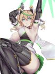  1girl :o armpits arms_up ass bangs black_panties blonde_hair bouncing_breasts breasts cameltoe cleavage dress gene_(pso2) green_hair hair_between_eyes headgear highres kumiko_shiba large_breasts long_hair looking_at_viewer multicolored_hair panties parted_lips phantasy_star phantasy_star_online_2 prosthesis prosthetic_arm prosthetic_leg short_dress skindentation sleeveless sleeveless_dress solo streaked_hair twintails underbust underwear 