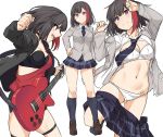  1girl bang_dream! bangs beige_jacket black_bra black_hair black_jacket black_legwear black_neckwear black_skirt blue_eyes blush bra breasts brown_footwear commentary_request frown guitar holding holding_instrument instrument jacket kneehighs large_breasts loafers looking_at_viewer mitake_ran multicolored_hair multiple_views navel necktie panties pleated_skirt red_hair shiseki_hirame shoes simple_background skirt thigh_strap two-tone_hair underwear white_background white_bra white_panties 