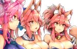  3girls animal_ear_fluff animal_ears bare_shoulders bell bell_collar bikini blue_bikini blue_ribbon breasts cat_paws china_dress chinese_clothes cleavage closed_eyes collar commentary_request detached_sleeves dress eyebrows_visible_through_hair fate/grand_order fate_(series) fox_ears fox_girl glasses gloves hair_ribbon japanese_clothes jingle_bell koyanskaya large_breasts long_hair multiple_girls multiple_persona open_mouth paw_gloves paws pink_hair ponytail red_ribbon ribbon semi-rimless_eyewear simple_background swimsuit tamamo_(assassin)_(fate) tamamo_(fate)_(all) tamamo_cat_(fate) tamamo_no_mae_(fate) white_background wisespeak yellow_eyes 