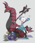  1girl bass_guitar blue_eyes boots cheering chillarism dress forehead freckles gen_1_pokemon gen_5_pokemon hair_bobbles hair_ornament highres homika_(pokemon) instrument koffing looking_at_viewer pokemon pokemon_(game) pokemon_bw2 scolipede smile striped striped_dress white_hair 