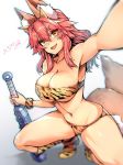  1girl animal_ear_fluff animal_ears breasts cleavage collarbone commentary commentary_request cosplay eyebrows_visible_through_hair fang fate/grand_order fate_(series) fox_ears fox_girl fox_tail hair_between_eyes large_breasts looking_at_viewer midriff navel oni oni_horns open_mouth pink_hair solo tagme tail tamamo_(fate)_(all) tamamo_no_mae_(fate) underboob weapon wisespeak yellow_eyes 