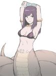  1girl arms_behind_head arms_up bandages bangs bikini_top blue_eyes blush expressionless gold highres jewelry lamia looking_at_viewer medium_hair monster_girl navel necklace original purple_hair scales simple_background sketch solo tail white_background yumeaso 